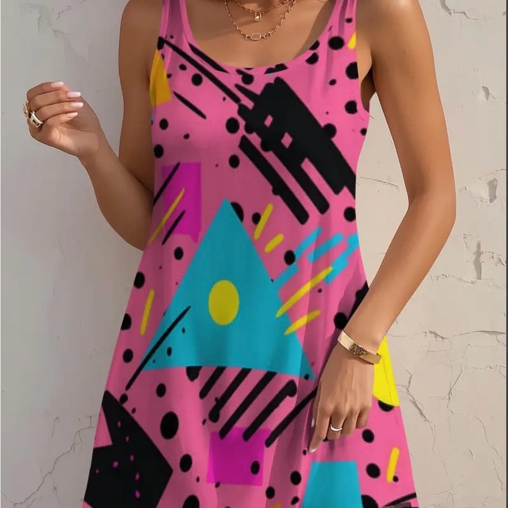 80s Inspired Colorful Geometric Print Sun Dress